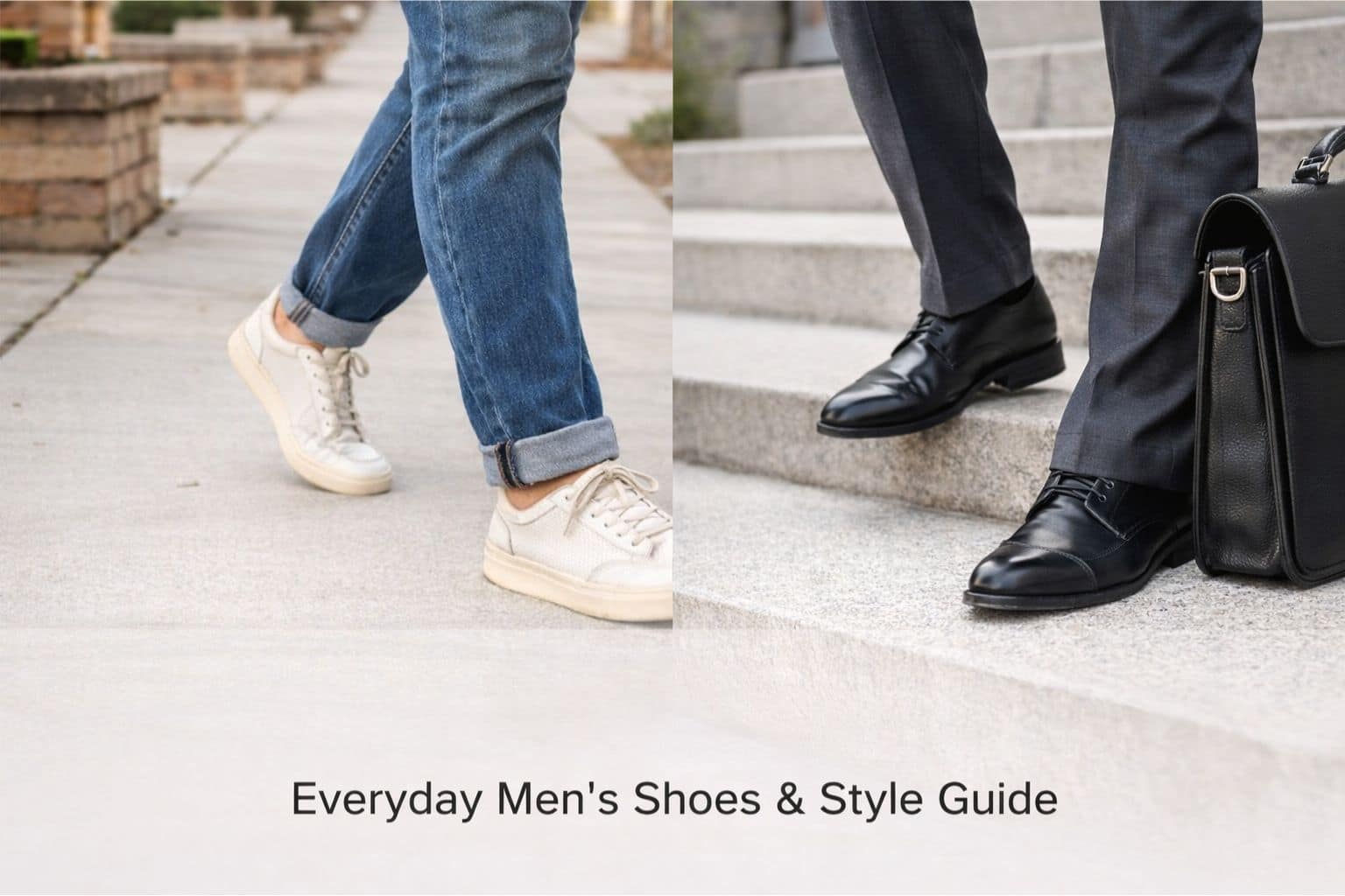 Men’s shoe style tips showing casual white sneakers for everyday wear and black dress shoes for formal outfits.